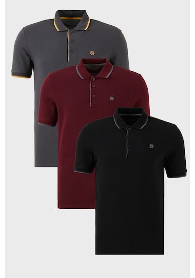 Buratti Pamuklu Slim Fit Şerit Detaylı Düğmeli Polo Yaka 3'Lü Paket Erkek T Shirt 5902118S3 Siyah-Vişne-Antrasit