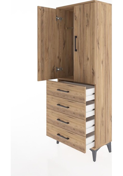 Arges Dolap Tek Raflı 4 Çekmeceli Tek Askılı 60x30x163 Çam-çam Çam