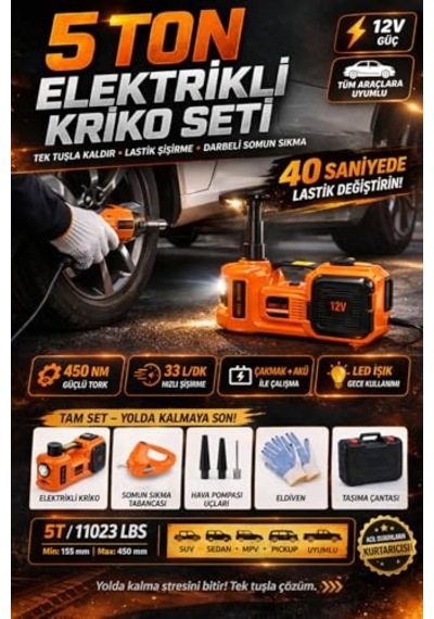 5 Ton Elektrikli Kriko Seti 12v, 3'ü 1 Arada Hidrolik Araç Krikosu Somun Sıkma Tabancası Hava Kompresörü, 450nm To