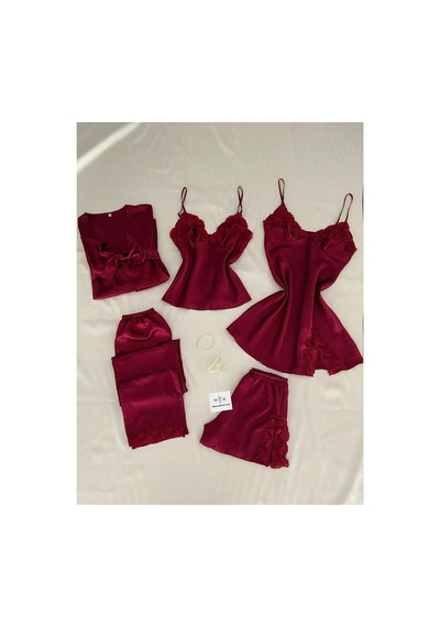 Mh Moony Homewears Kutulu 5'li Bordo Saten Gecelik Sabahlık Çeyiz Seti Bordo