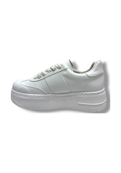 Şanzelize K16-26 Cilt Deri Yüksek Anatomik Taban Bağcıklı Kadın Sneaker Beyaz
