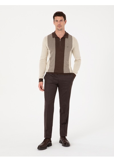 Cacharel Kahverengi Slim Fit Pamuk Karışımlı Fermuarlı Polo Yaka Triko Kazak