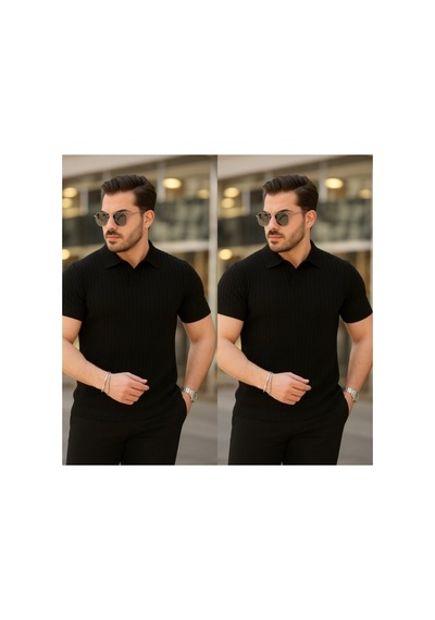 Butik İstanbul Erkek Kısa Kollu Yakalı Çizgi Desenli Triko Bluz Siyah