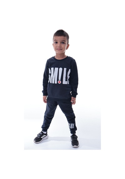 Erkek Çocuk Eşofman Takımı Smile Baskılı Rahat Spor Üst Alt Takım Günlük Kombin Siyah