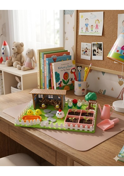 Kutpia Mini Bahçe Çocuk Oyun Ve Eğitim Seti 25x19cm - Sevimli Tavuklar Pembe