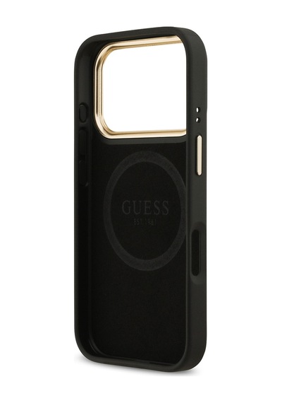 Apple Uyumlu iPhone 17 Pro Kılıf Guess Lisanslı M-safeli 4g Desenli Pu Metal Plaka Klasik Logolu Siyah Siyah