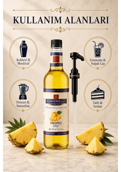 Simonelli Ananas Aromalı Kahve ve Kokteyl Şurubu 700 ML + Şurup Pompası - Egzotik Soğuk Kahve Mocktail Smoothie ve Limonata Şurubu