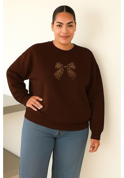 Benroma 3 İplik Penye Kurdela Baskılı Büyük Beden Unisex Sweatshırt Kahverengi