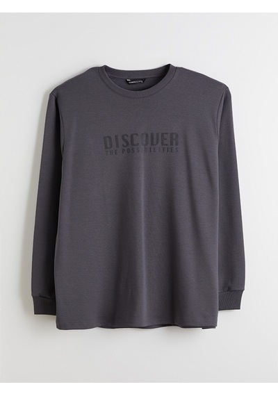 Lcwaıkıkı Classic Antrasit Büyük Beden Bisiklet Yaka Baskılı Erkek Sweatshirt