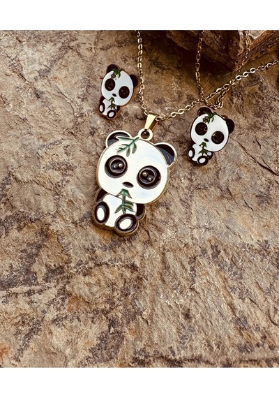 Şaşkın Panda Mineli Altın Renk Çelik Çocuk Küpe Kolye Set