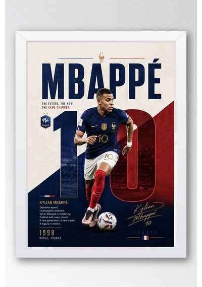 Mbappe Çerçeveli Tablo Lüks Futbolcu Duvar Posteri Premium Odası Dekoru Sporcu Hediyesi Beyaz