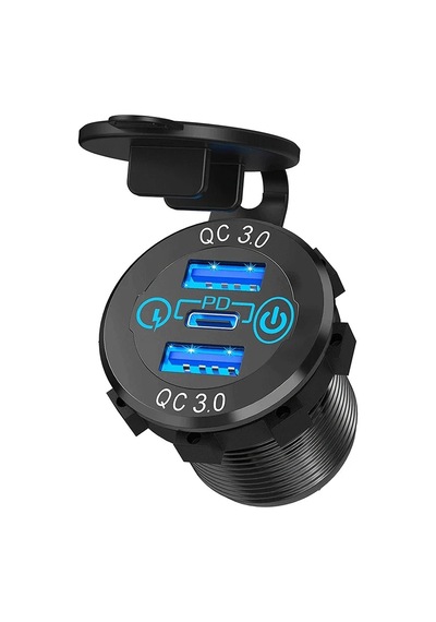 Mellifera İki Usb Type-a + Bir Usb Type-c Şarj Cihazı On - Off Anahtarlı Mavi Işıklı
