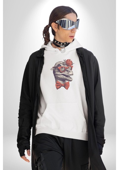 Kırmızı Gözlük Papyon Dinazor Kadın Erkek Beyaz Kapüşonlu Sweatshirt Hoodie Beyaz
