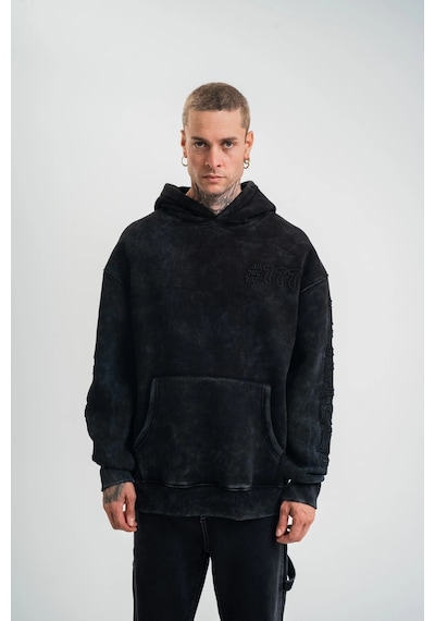 Barlashive Erkek 3 İplik Pamuklu Kapüşonlu Yıkamalı Nakışlı Hoodie Sweatshirt - Siyah Çok Renkli