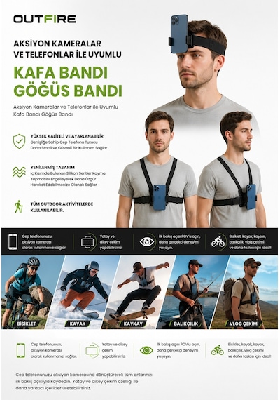 Outfire Aksiyon Kamerası ve Telefon ile Uyumlu Kafa ve Göğüs Bandı