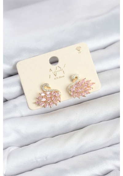 Pembe Zirkon Taşlı Gold Swan Kuğu Model Kadın Küpe Altın