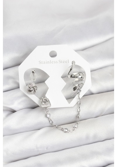 Pirinç Gümüş Renk Yılan Model Zincir Bağlantılı Ear Cuff Küpe Seti Çok Renkli Çok Renkli