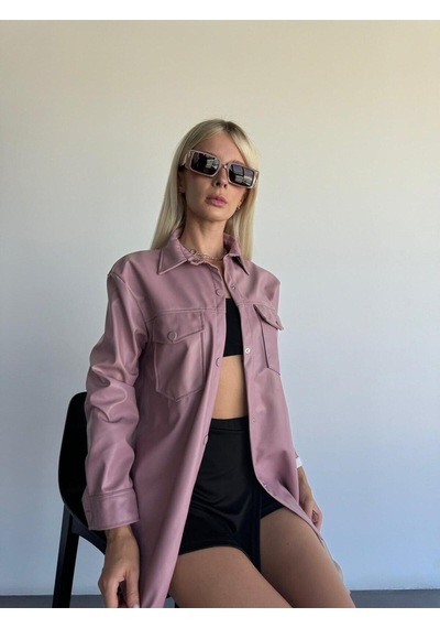 Kadın Pembe Oversize Düz Kesim Deri Ceket Pembe