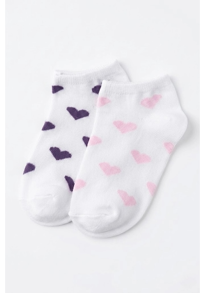 Cocole Socks Kız Bebek Patik Çorabı 2 Li Set Pamuklu Beyaz Zemin Üzeri Pudra Pembe & Mor Kalp Desenl Çok Renkli