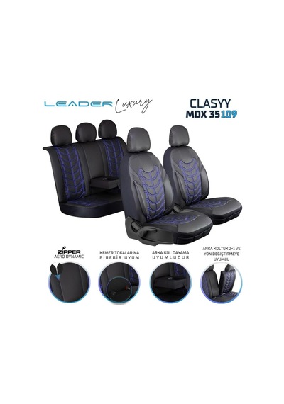 Renault Megane 3 Hatchback 2012-2016 İle Uyumlu Lüx Deri Oto Koltuk Kılıfı Ön Arka Takım Set Classy Mavi Siyah Genel