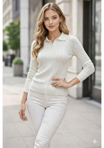 Youknitwear You Riviera %100 Pamuk Polo Yaka Kadın Kazak Beyaz