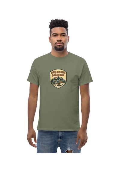 Wildstyle Dağlar Beni Çağırıyor Renkli Vintage Dağ Doğa Kamp Baskılı Unisex Bisiklet Yaka Pamuklu Tişört Haki