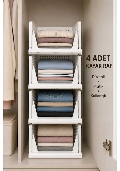 Rayflex Kayar Raf Sistemi, Dolap İçi Düzenleyici Çekmece Ve Organizer Çok Amaçlı Mutfak Rafı 4 Adet Beyaz Beyaz