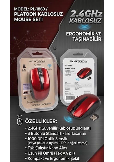 Platoon Pl-1869 Kablosuz Mouse 2.4ghz Güvenilir Bağlantı & Kırmızı-siyah - Lisinya
