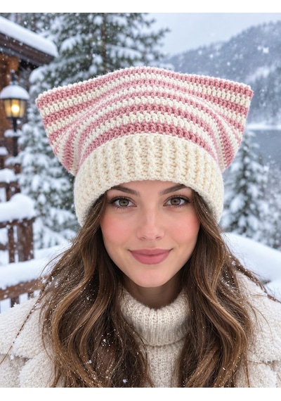 Nova Design Krem-pembe Çizgili Yün Kedi Kulaklı Cat Beany Kadın Bere