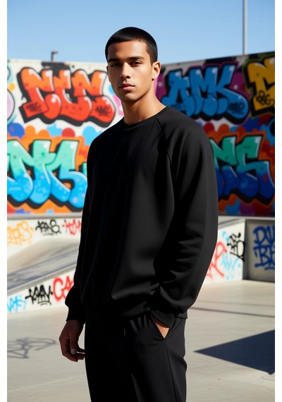 Benerly Erkek Bisiklet Yaka Reglan Kol Oversize Kalıp Sweatshirt Fonksiyo siyah