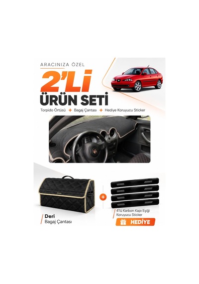 Seat Cordoba 2001-2008 Uyumlu Torpido Örtüsü + Deri Bagaj Çantası + Sticker Seti - Siyah Bej