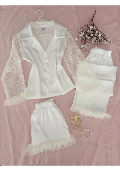 Mh Moony Homewears 3'lü Cansel Beyaz Kol Tül Detaylı Saten Pijama Ekrum