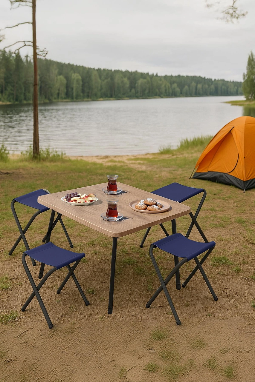 Exent 45x60 Cm Kamp Sehpası + 4 Adet Lacivert Tabure Piknik, Bahçe Sehpası Katlanır Sehpa-a-4l Çok Renkli