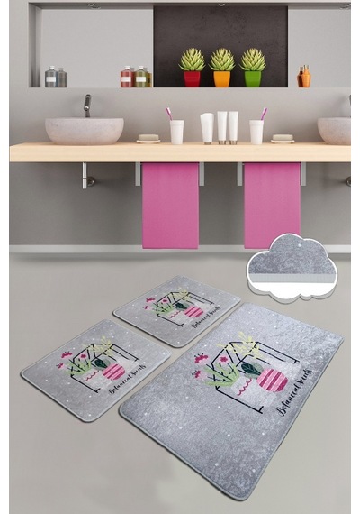 Botanıcal Sweets 3 Lü Set Banyo Halısı Paspas Yıkanabilir Gri