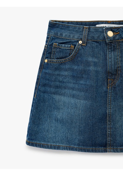 Koton Pamuklu Cepli Düğmeli Mini A Kesim Denim Etek Orta İndigo 6sal70025md