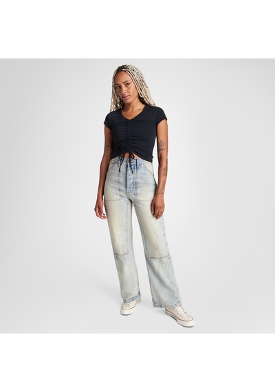 Converse Classic Kadın Slim Fit V Yaka Büzgülü Siyah T-shirt