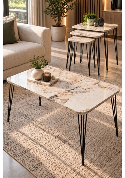 Sulorahome Mermer Desenli Orta Sehpa Ve 3'lü Zigon Sehpa Seti Beyaz Mermer