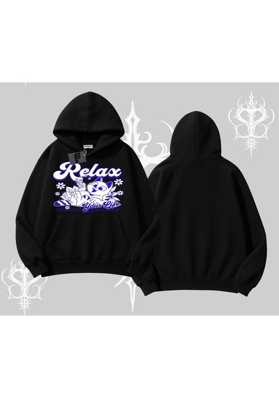 Startmore Relax Kedi Baskılı Kapşonlu Sweatshirt Siyah