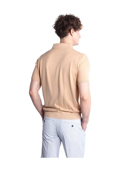 Bej Slim Fit Dar Kalıp Düğmeli Polo Yaka Desenli Kısa Kollu Triko Tişört-16314 Bej