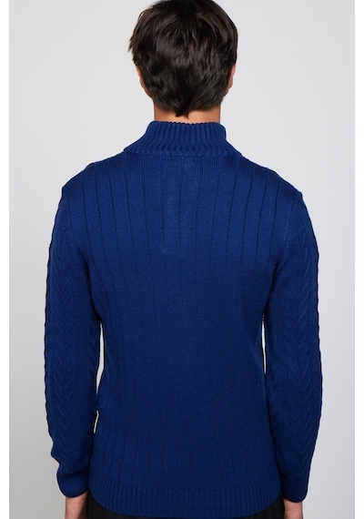 Tudors Erkek Slim Fit Dar Kesim Yumuşak Dokulu Desenli Dik Yaka Düğmeli Triko Saks Mavi Kazak-29888 Koyu Mavi