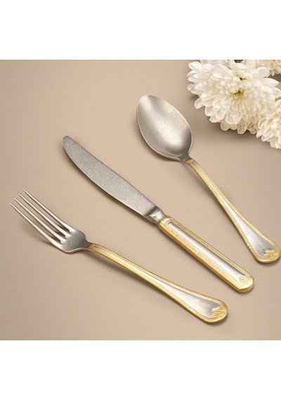 Hisar İnfinity 84 Parça 12 Kişilik Çatal Kaşık Bıçak Takımı Eskitme Dekor Altın Inox