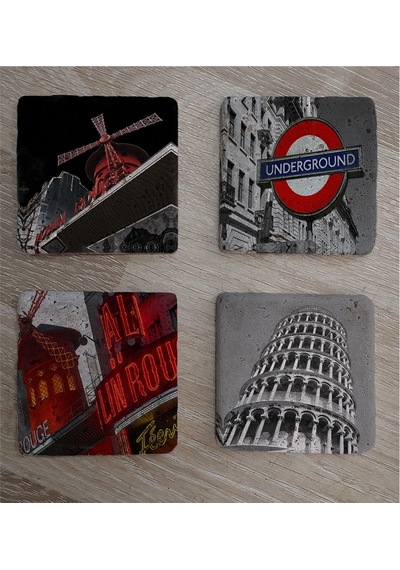 Moulin Rouge Pisa Kulesi Ve Londra Metro Girişi Doğal Taş Bardak Altlığı 4'lü Set - Natural Stone Coasters - Taş Çok Renkli