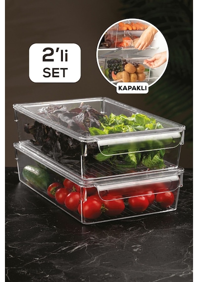 2'li Kapaklı Buzdolabı Düzenleyici Buzdolabı Içi Düzenleyici Organizer 7 X 32,5 X 20 Cm Şeffaf