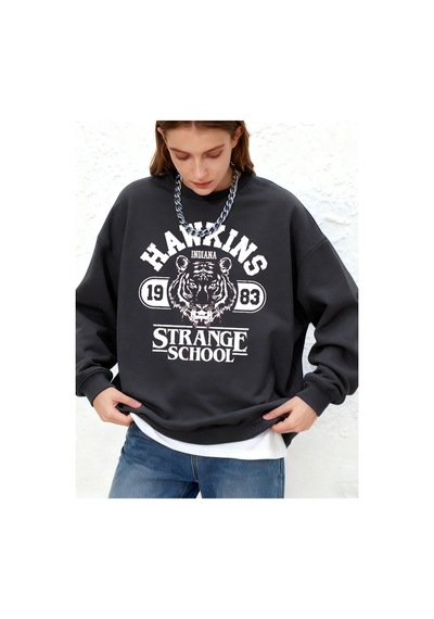 Startmore Startmorehawkins Strange School Baskılar Tişörtü Kadın Kış Polar Sıcak Kapüşonlular Bisiklet Yaka Jogg Antrasit