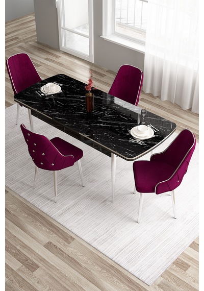 Canisa Tia Serisi 80x132 Mdf Açılabilir Siyah Mermer Desen Krom Detay Masa Takımı Ve 4 Mürdüm Sandalye Masa Siyah Mermer Desen Sandalye Mürdüm