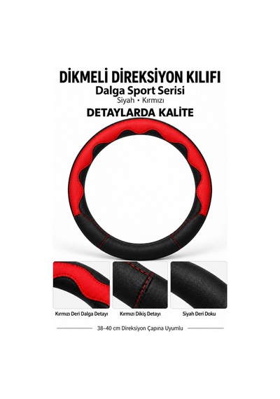 Trobus Dacia Sandero 2008-2012 Uyumlu Dikmeli Direksiyon Kılıfı Dalga Sport Deri Siyah Kırmızı Siyah - Kırmızı