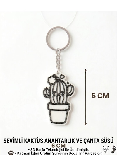 Sevimli Kaktüs Anahtarlık & Çanta Süsü Beyaz - Siyah