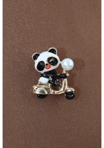 Bir Tutam Neşe Motorlu Yavru Panda Broş Taşlı İncili Gold Siyah Beyaz Pandalı Kadın Yaka İğnesi Siyah - Beyaz