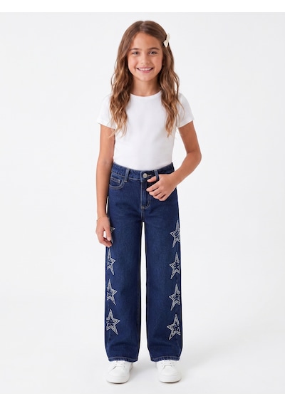 Onloox Kız Çocuk Koyu Mavi Kız Çocuk Koyu Mavi Pamuklu Geniş Paça Regular Taşlı Yıldız Baskılı Denim Jean Pantolon 5-9 Yaş
