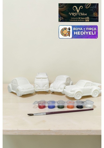 4'lü Klasik Vosvos Porş Araba Boyama Seti - Plastik Eğitici Figür Boya + Fırça Hediyeli
